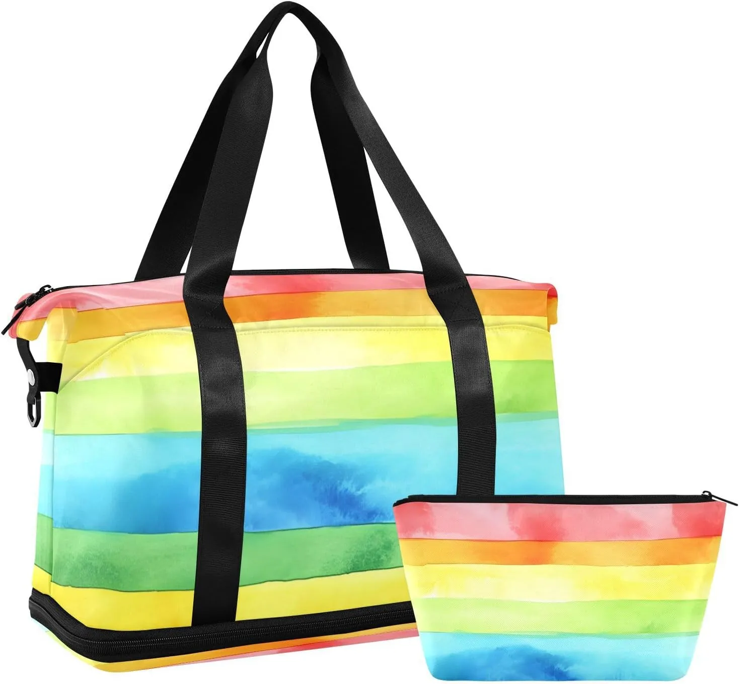 Watercolor Rainbow Stripes Versatile Sports Travel Bag - Lasting Twill Tote, Removable Wheel & Rod Bagging, Multi-pocket Design, Complimentary Makeup Bag