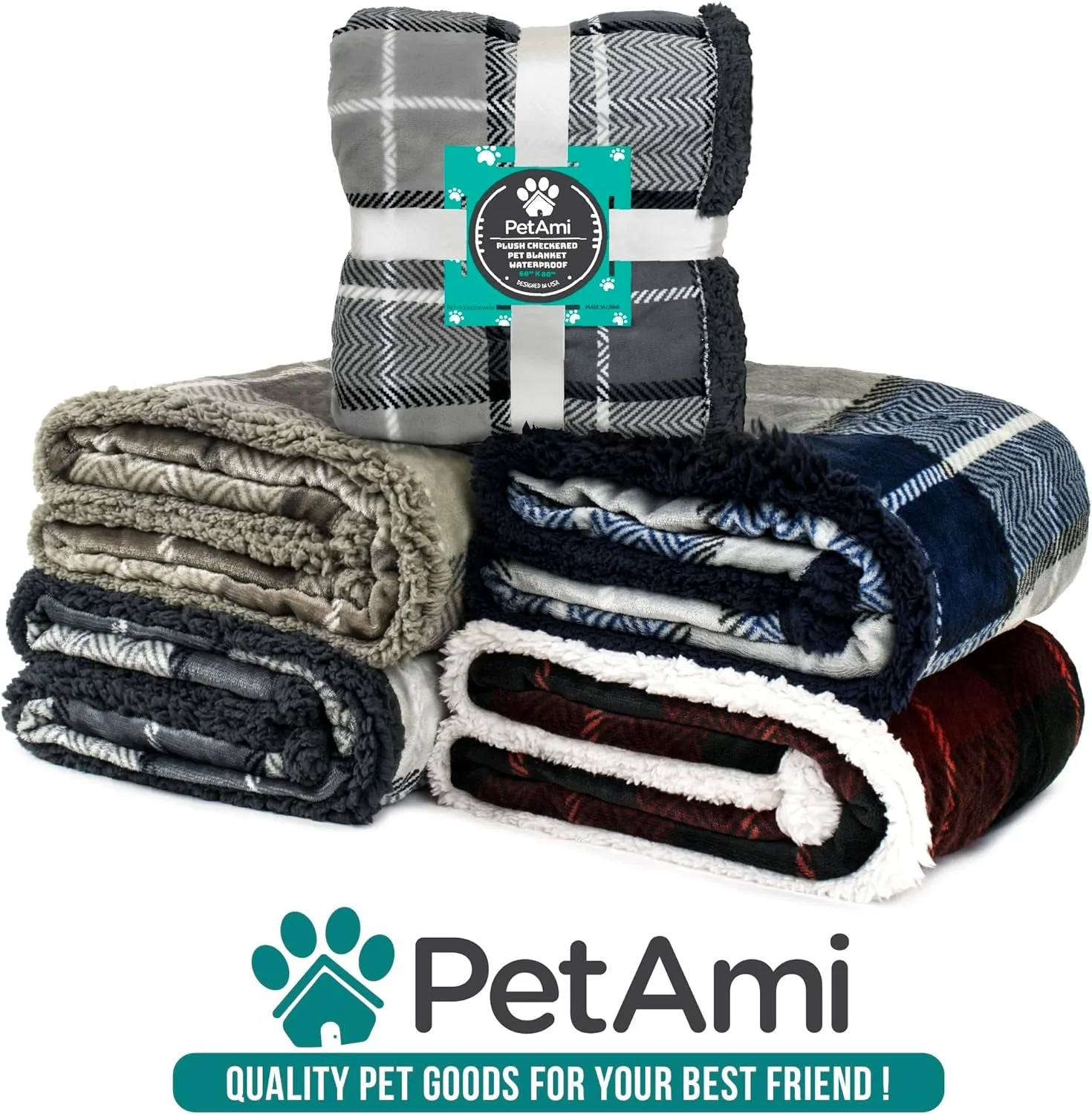Waterproof Dog & Cat Blanket, Couch Cover Protection - Sherpa Fleece, Reversible Soft Washable 29X40 Plaid Navy