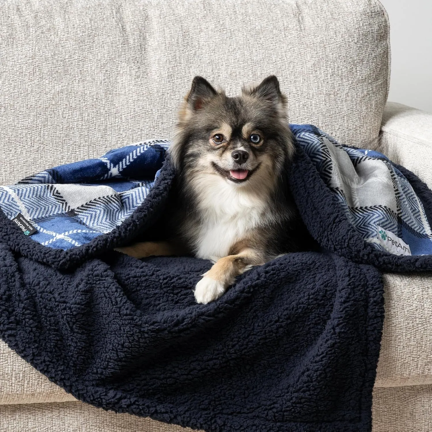 Waterproof Dog & Cat Blanket, Couch Cover Protection - Sherpa Fleece, Reversible Soft Washable 29X40 Plaid Navy
