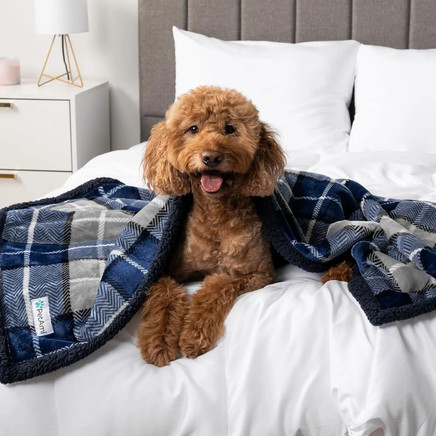 Waterproof Dog & Cat Blanket, Couch Cover Protection - Sherpa Fleece, Reversible Soft Washable 29X40 Plaid Navy
