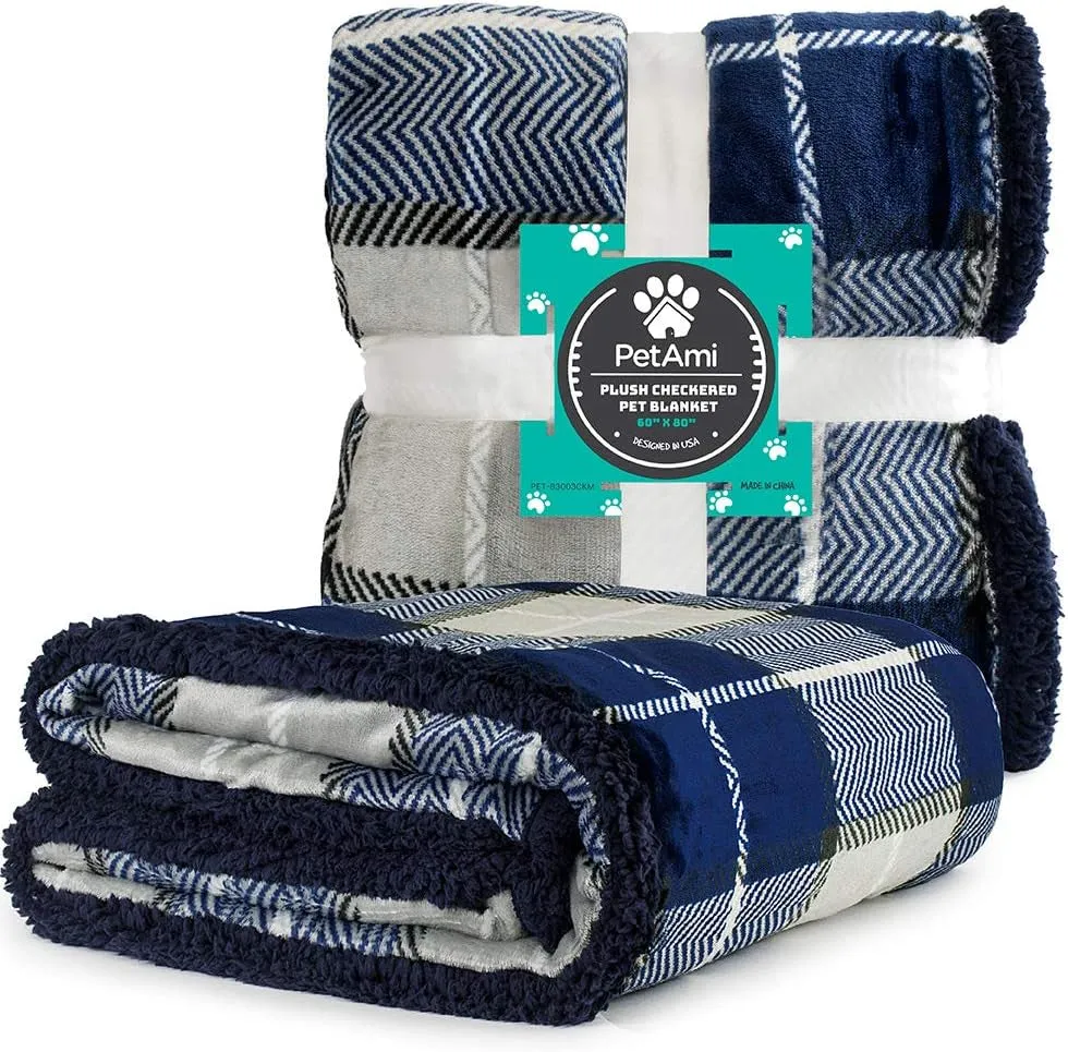 Waterproof Dog & Cat Blanket, Couch Cover Protection - Sherpa Fleece, Reversible Soft Washable 29X40 Plaid Navy