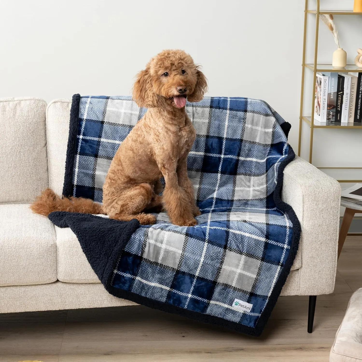 Waterproof Dog & Cat Blanket, Couch Cover Protection - Sherpa Fleece, Reversible Soft Washable 29X40 Plaid Navy