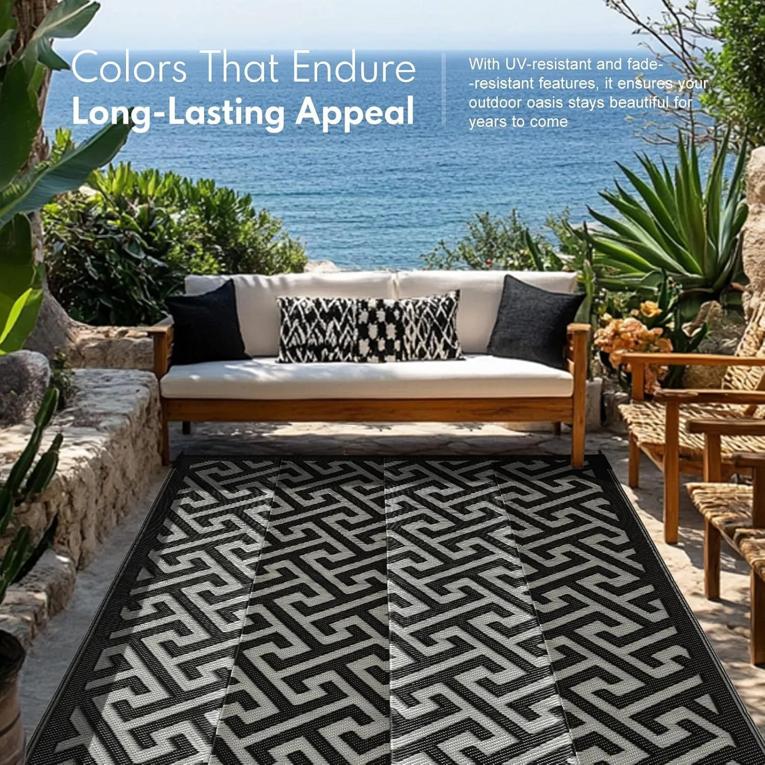 Waterproof Outdoor Rug 8x10 ft, Reversible Plastic Straw Rug, Easy to Clean Patio Rug, Portable Carpet for Patio, RV, Deck, Balcony, Backyard, Picnic, Beach, I-Shaped, Black