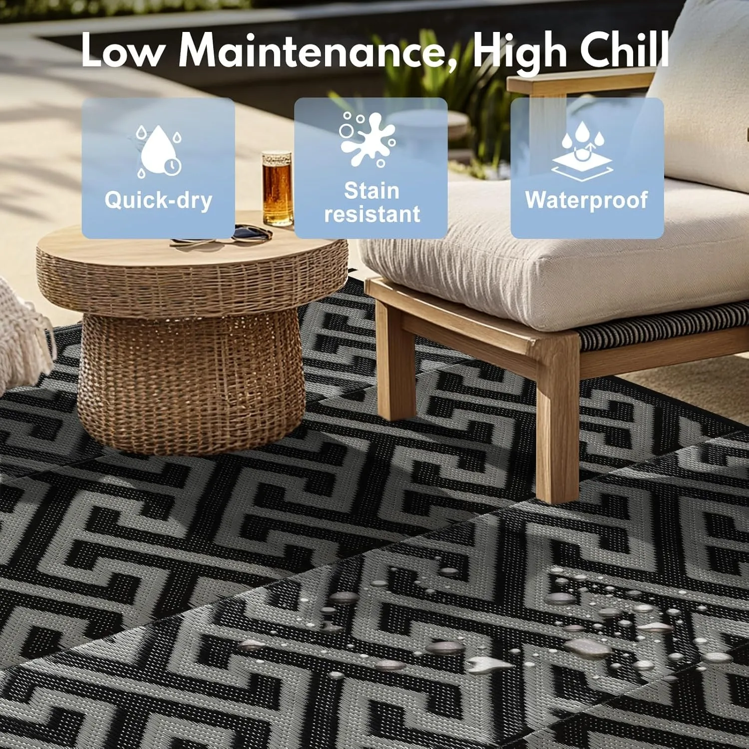 Waterproof Outdoor Rug 8x10 ft, Reversible Plastic Straw Rug, Easy to Clean Patio Rug, Portable Carpet for Patio, RV, Deck, Balcony, Backyard, Picnic, Beach, I-Shaped, Black