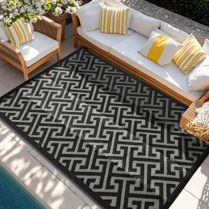 Waterproof Outdoor Rug 8x10 ft, Reversible Plastic Straw Rug, Easy to Clean Patio Rug, Portable Carpet for Patio, RV, Deck, Balcony, Backyard, Picnic, Beach, I-Shaped, Black