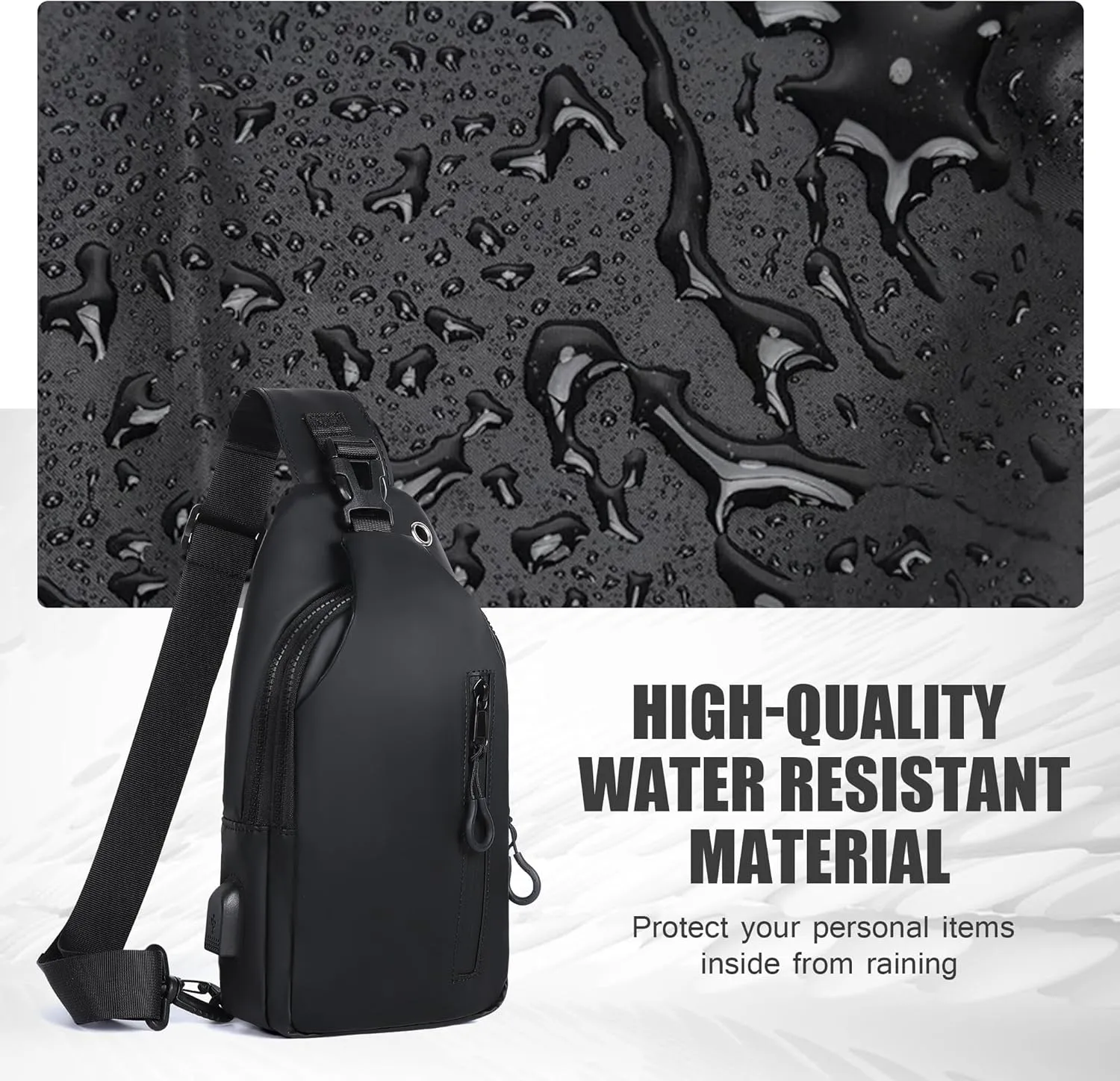 Waterproof Sling Bag for Men Crossbody Backpack with USB Charging Port Multipurpose Chest Daypack for Travel Sport Running Hiking (Black)