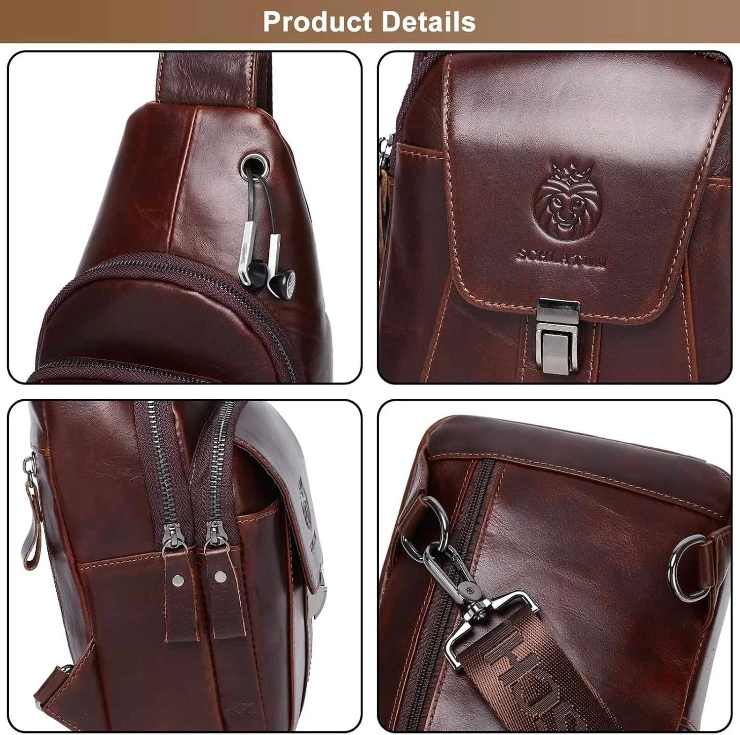 Waterproof Sling Bag for Men Women, Genuine Leather Chest Bag Casual Crossbody Bag Shoulder Backpack Daypack Multipurpose