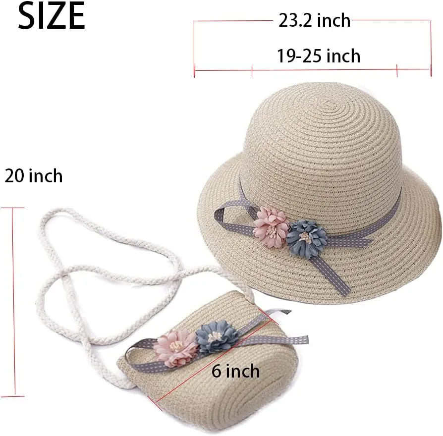 WeeH Girls Summer Hat Bag Set Wide Brim Hat Sun Beach Hats with Shoulder Bag