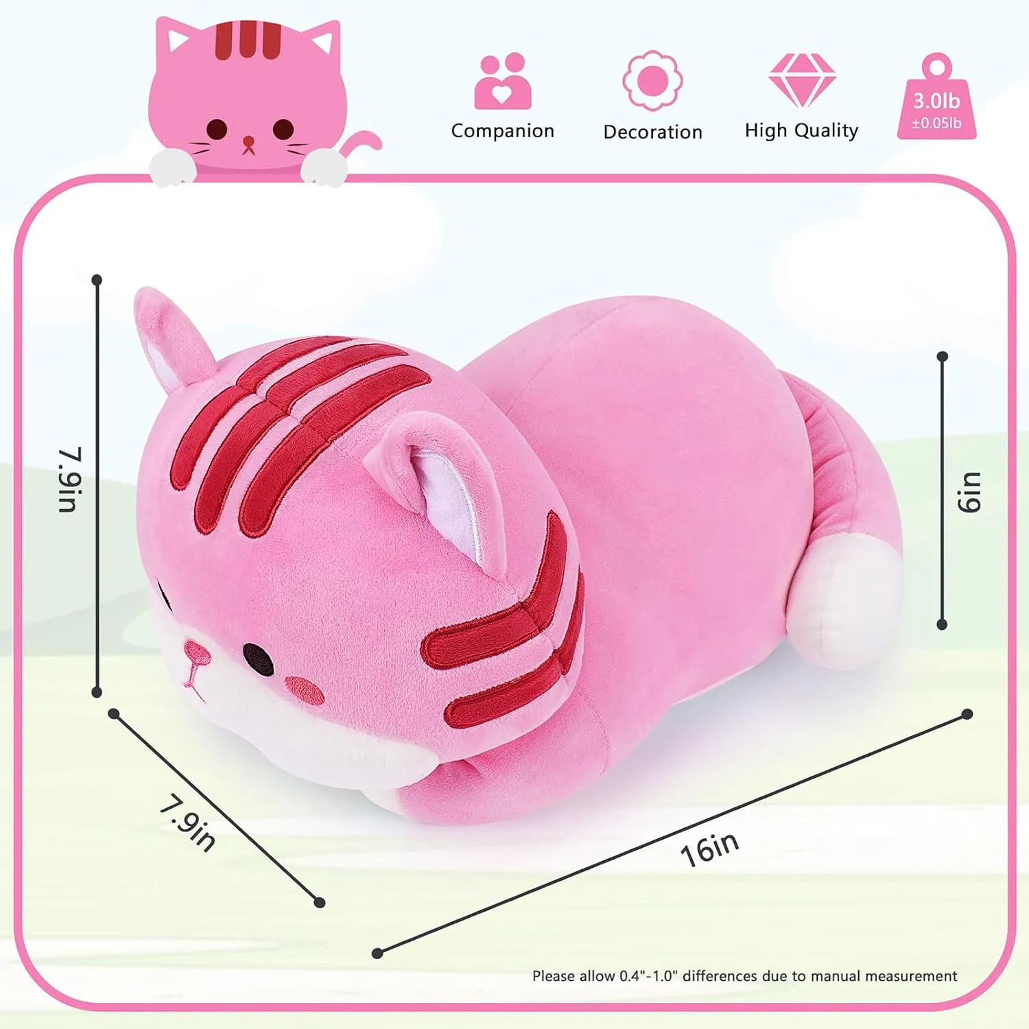 Weighted Cat Stuffed Animals,3.0lb Kawaii Cat Plush,Soft Weighted Cat Plush Toys,Cute Plushies Kitty Stuffed Animal,Hugging Plush Body Pillow for Kids Adults Birthday(16”,Pink)
