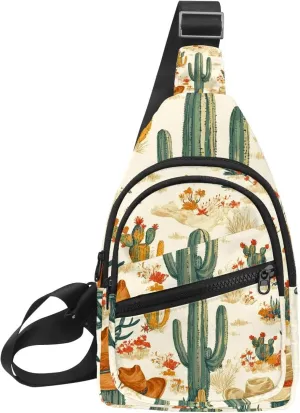 Western Cowboy Hat Cactuses Sling Backpack, Adjustable Crossbody Shoulder Bag Travel Hiking Daypack