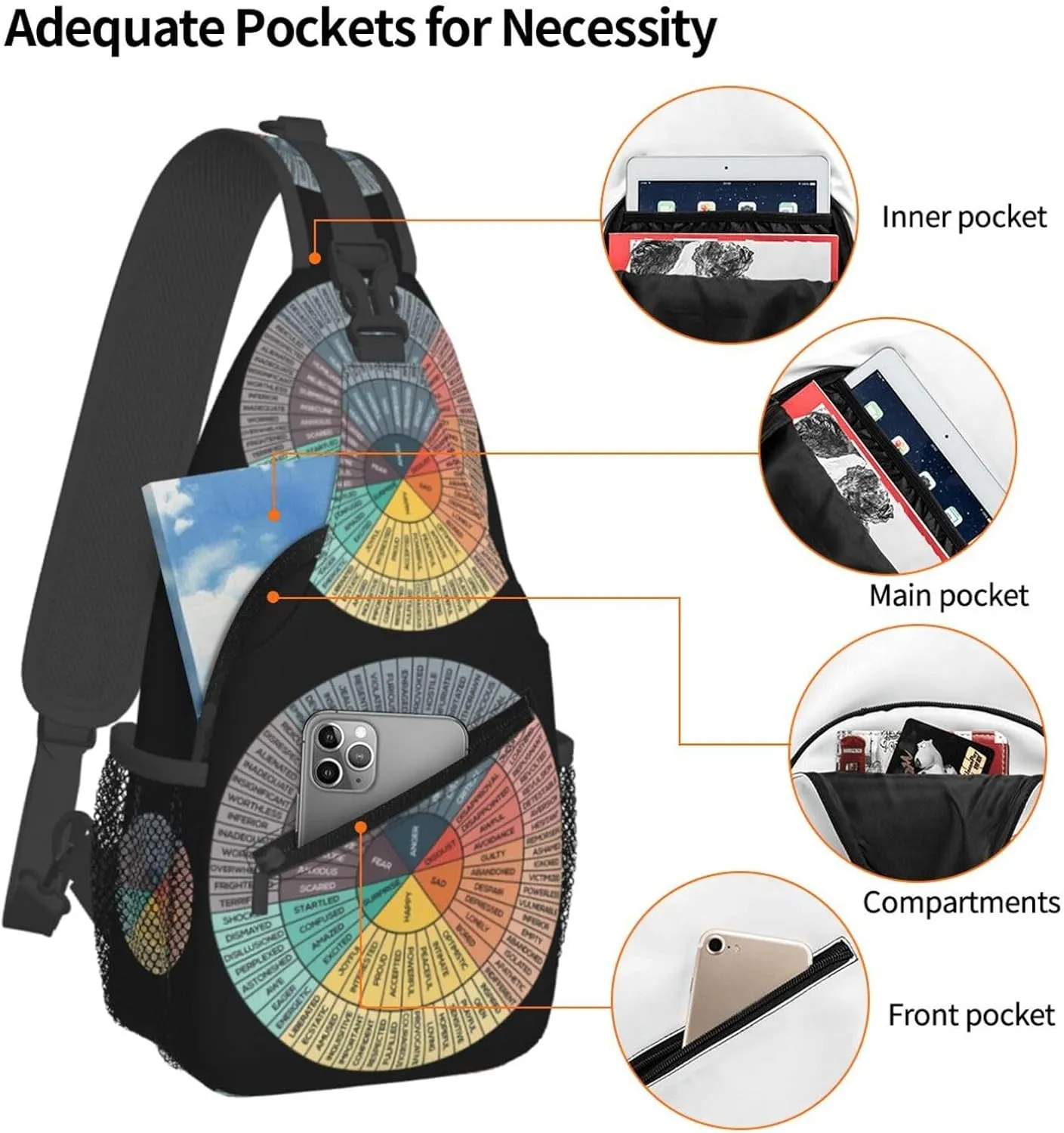 Wheel Of Emotions Crossbody Bag Cross Chest Bag Adjustable Sling Backpack Sports Gym Shoulder Bags Travel Cycling Daypack Diagonally Casual Rucksack