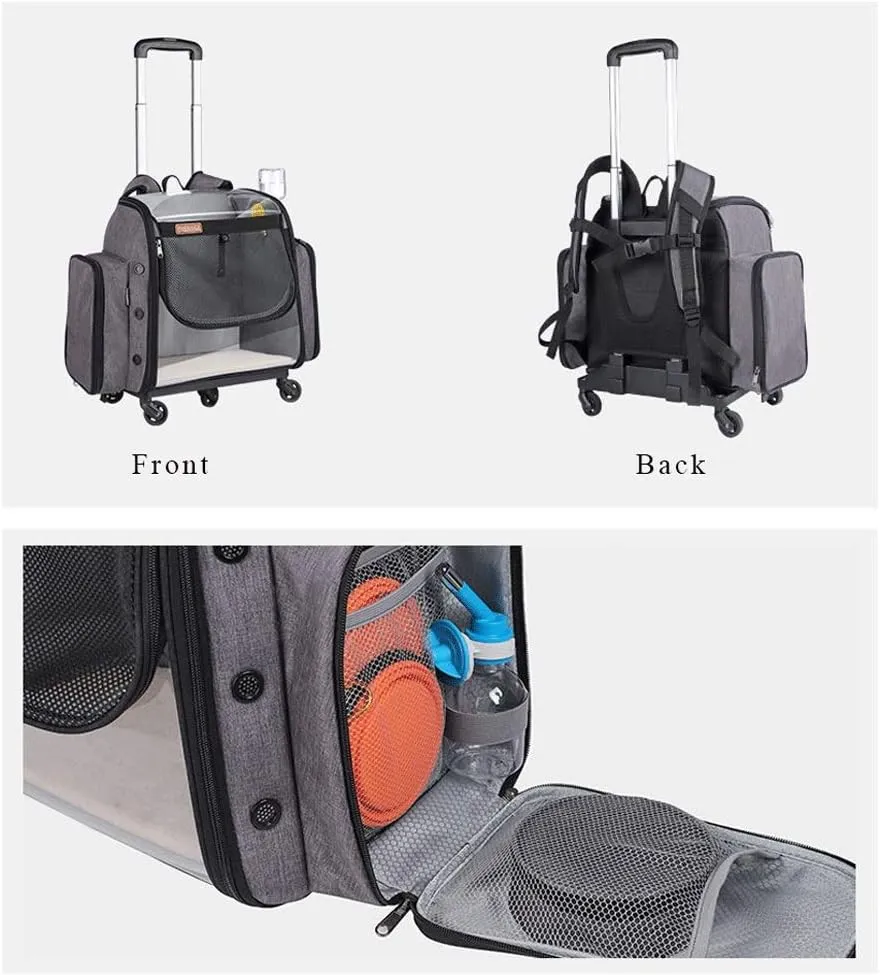 Wheeled Pet Travel Carrier Backpack, Pet Cat Carrier Backpack Foldable Pet Carrier for Small Dogs and Cats with Foldable Bowl, Litter Box and Water Fountain