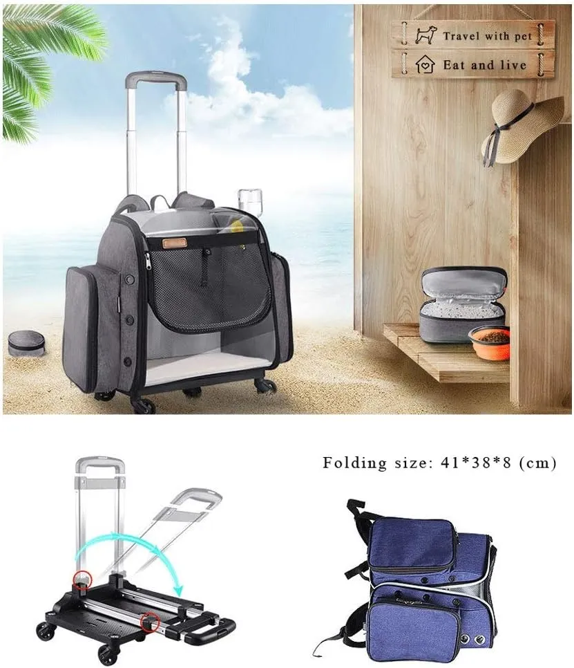 Wheeled Pet Travel Carrier Backpack, Pet Cat Carrier Backpack Foldable Pet Carrier for Small Dogs and Cats with Foldable Bowl, Litter Box and Water Fountain