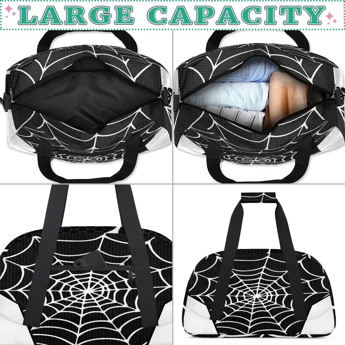 White Spider Web Kids Overnighter Duffel Bags for Boys Girls, Carry-On Size Sports Gym Bag for School Practice or Overnight Travel Weekender Sleepover Workout Tote Bag