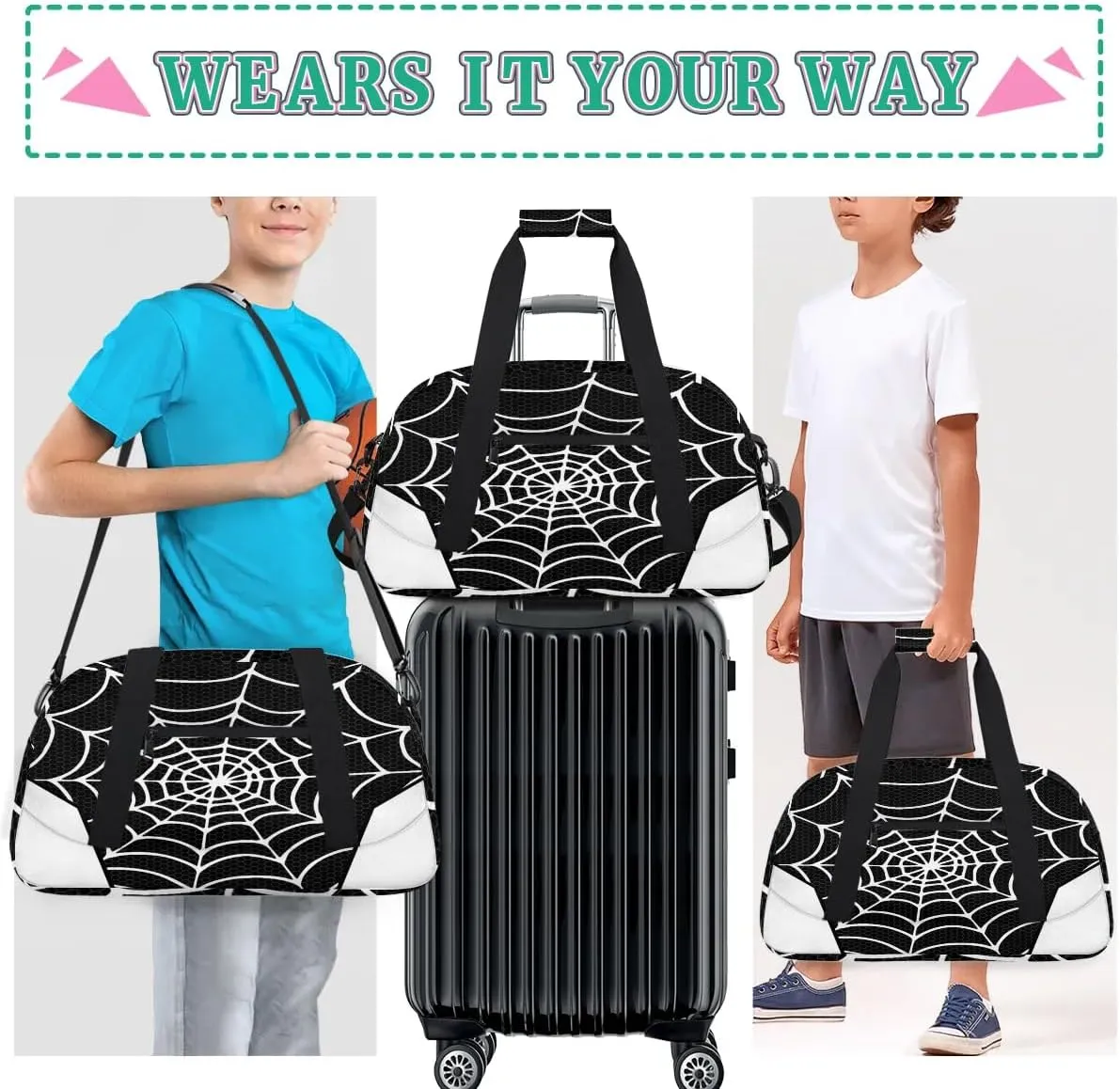 White Spider Web Kids Overnighter Duffel Bags for Boys Girls, Carry-On Size Sports Gym Bag for School Practice or Overnight Travel Weekender Sleepover Workout Tote Bag