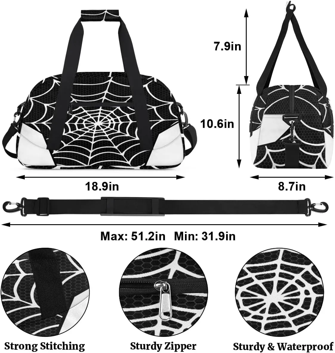 White Spider Web Kids Overnighter Duffel Bags for Boys Girls, Carry-On Size Sports Gym Bag for School Practice or Overnight Travel Weekender Sleepover Workout Tote Bag