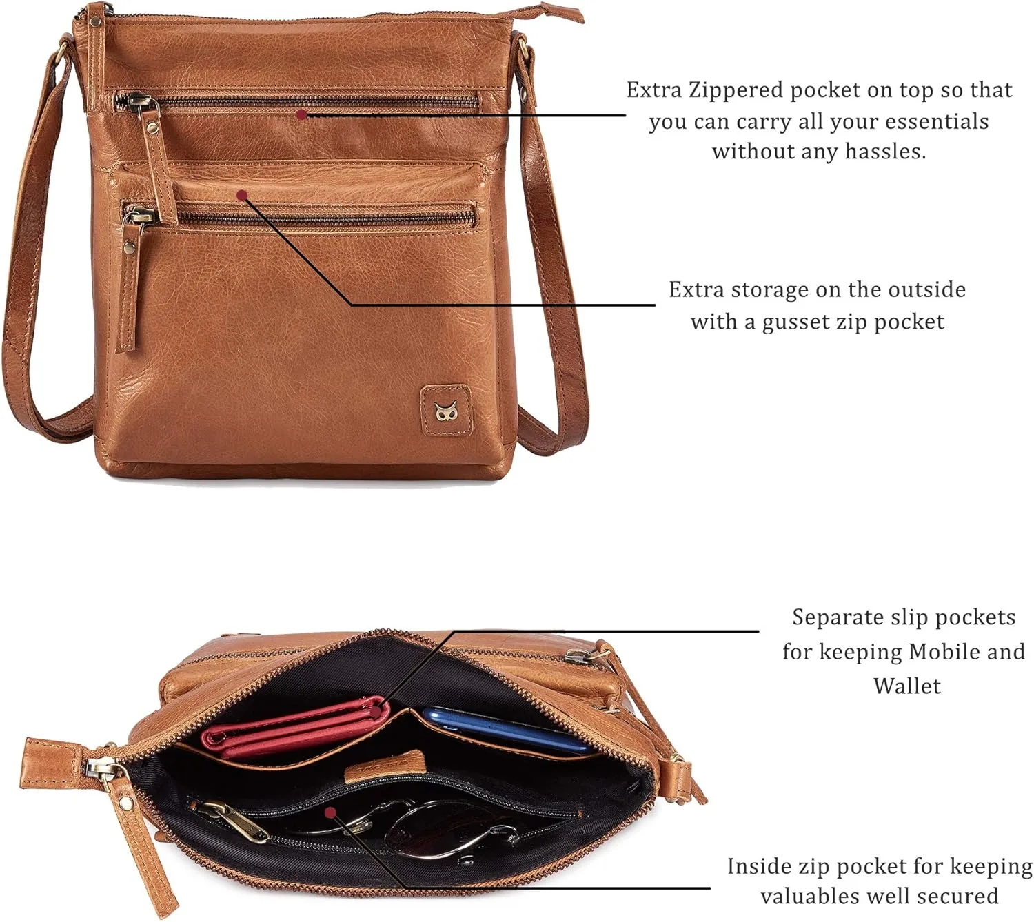 Wise Owl Accessories Small Crossbody Bags for Women Real Leather Purse Handbags Crossover Over the Shoulder Pocketbook
