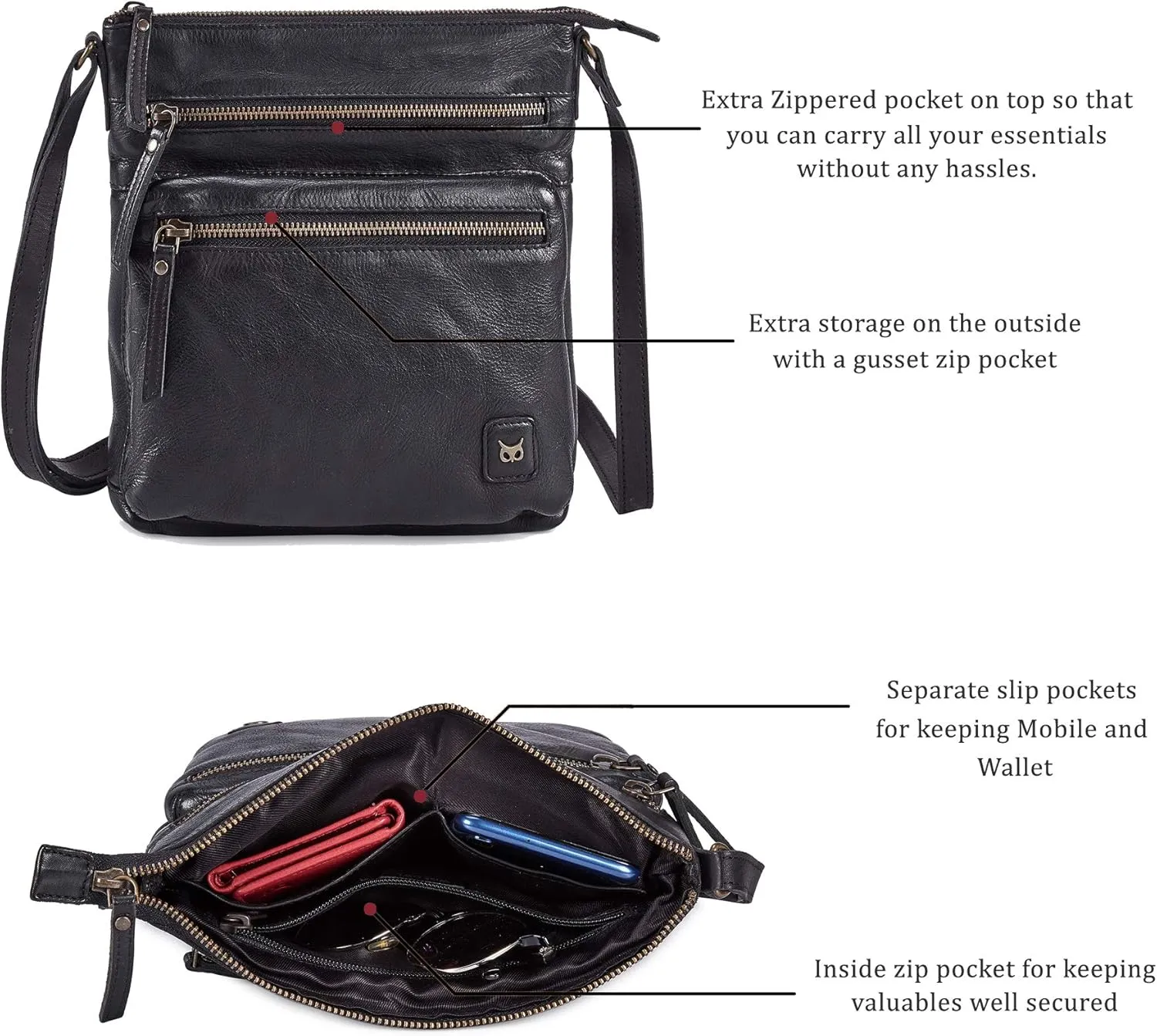 Wise Owl Accessories Small Crossbody Bags for Women Real Leather Purse Handbags Crossover Over the Shoulder Pocketbook