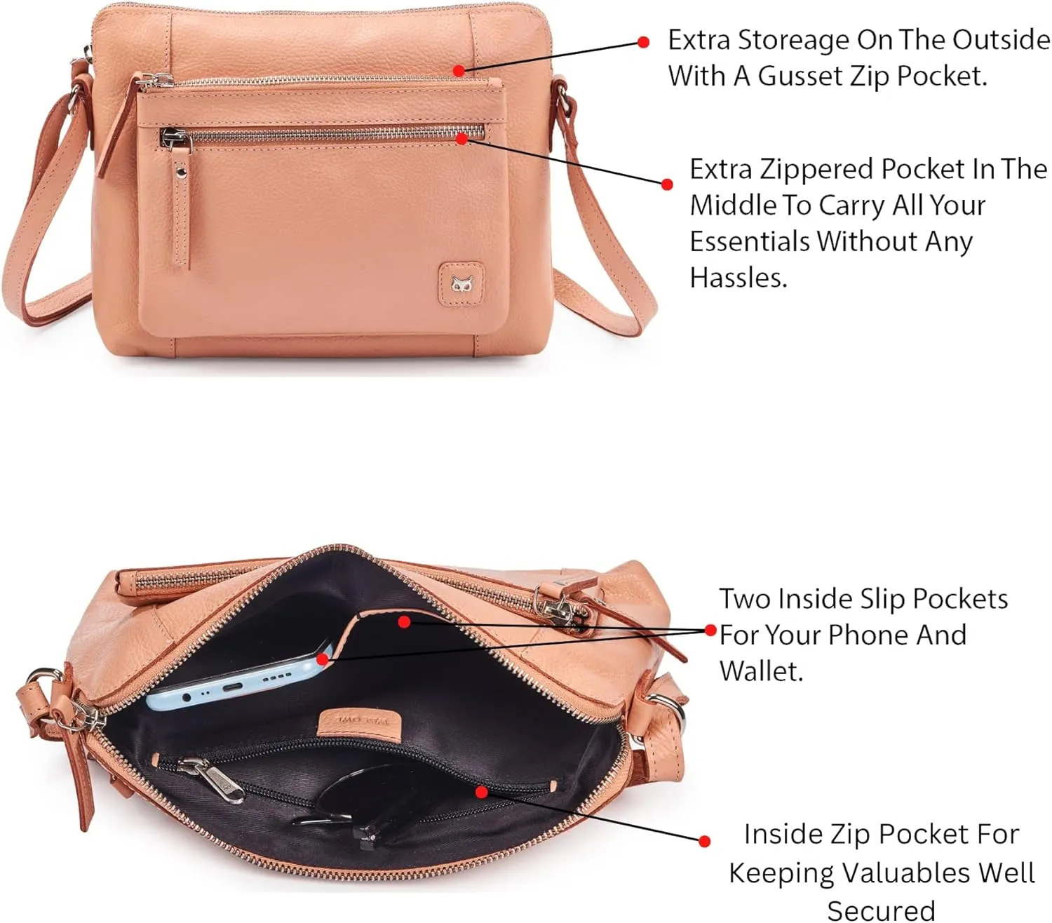 Wise Owl Accessories Small Soft Pebbled Real Leather Crossbody Handbags Purses Sling Crossover Shoulder Bag