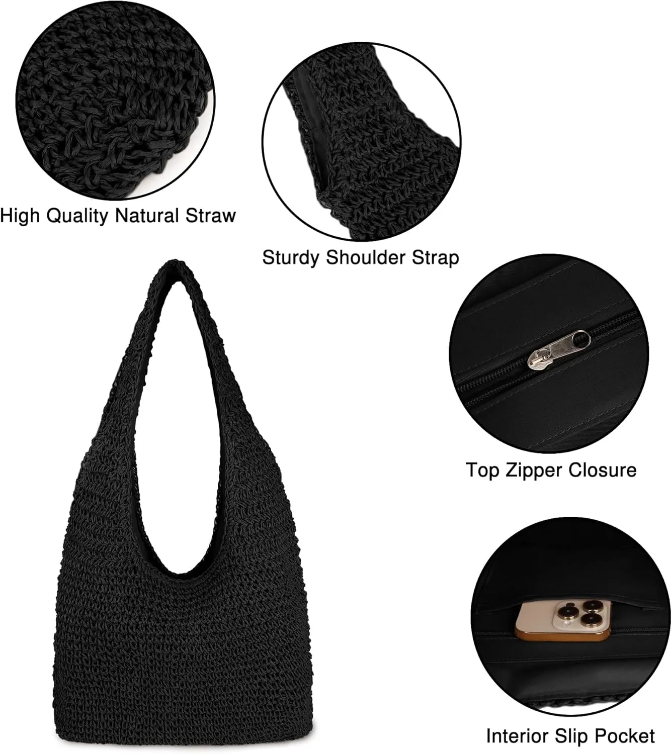 Women Large Straw Beach Bag Handmade Woven Shoulder Bags Hobo Tote Handbag Purse for Summer