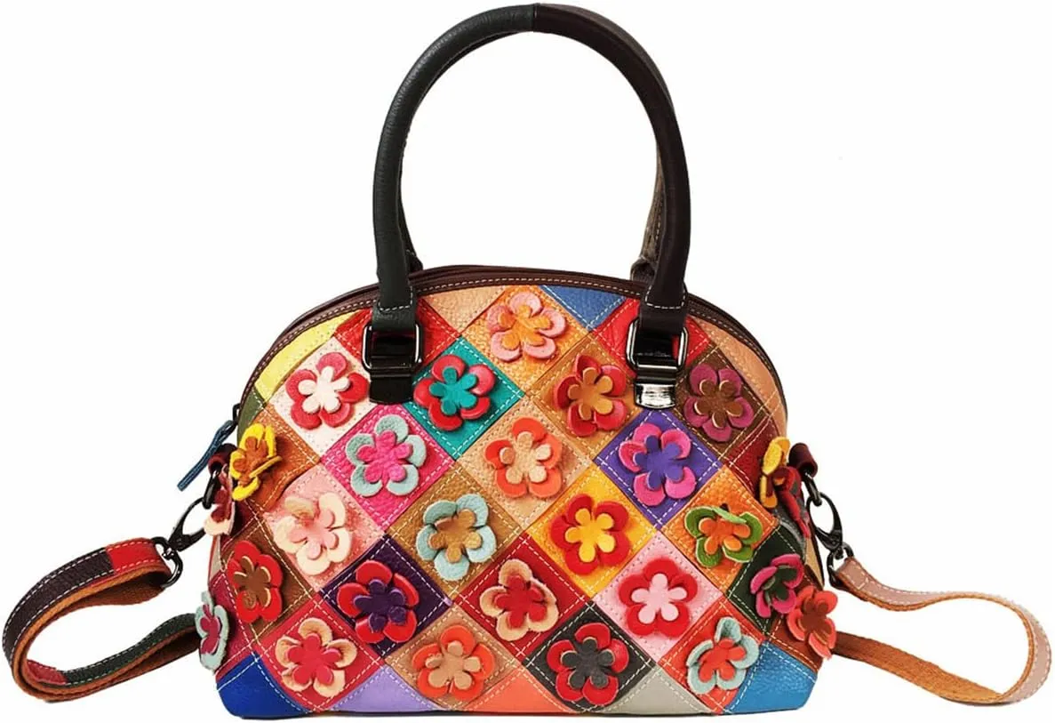 Women Multicolored Flowers Tote Genuine Leather Shell Purse Colorful Flora Shoulder Handbag Bohemian Crossbody Bag