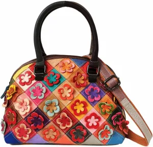 Women Multicolored Flowers Tote Genuine Leather Shell Purse Colorful Flora Shoulder Handbag Bohemian Crossbody Bag