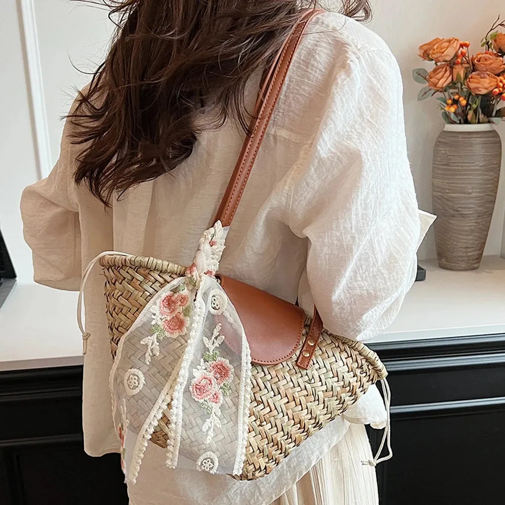 Women Straw Summer Beach Tote Bag