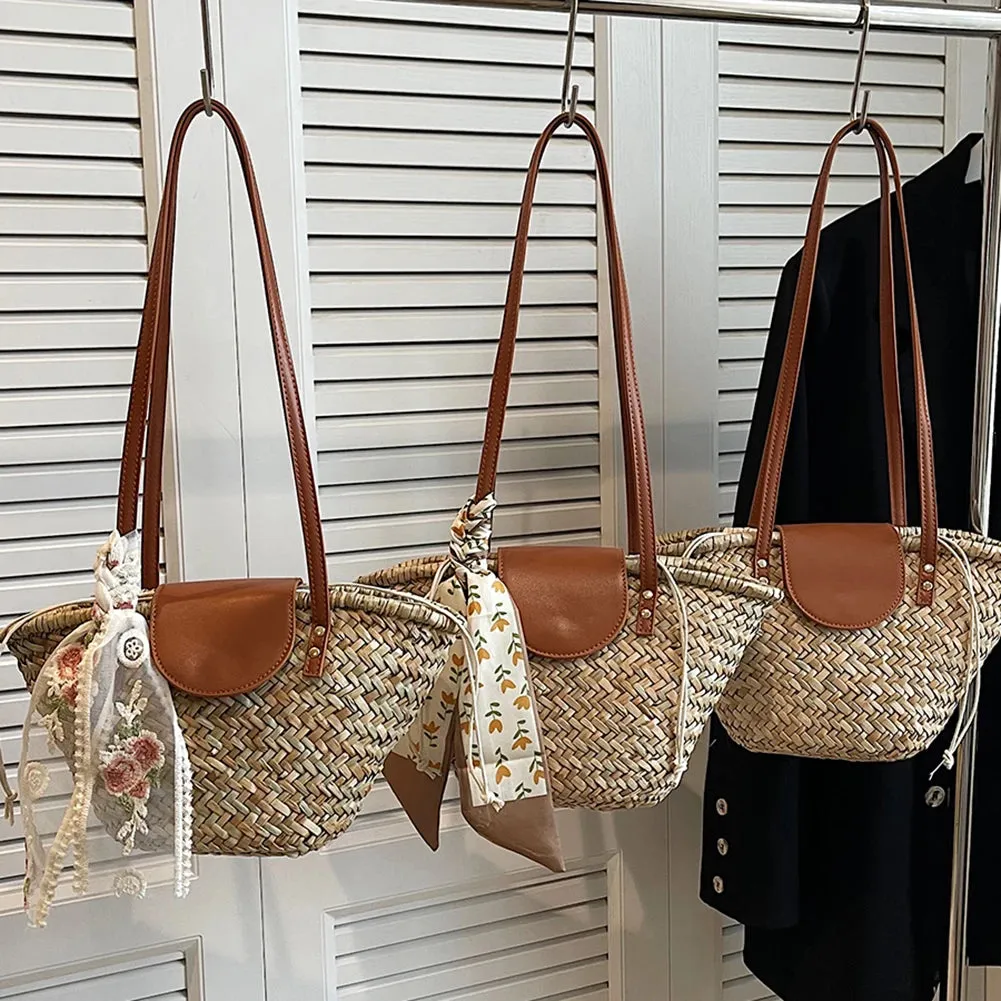 Women Straw Summer Beach Tote Bag