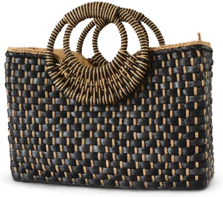 Women Summer Retro Straw Bag with Zip Hand-woven Beach Handbag Top Round Handle Boho Tote Bag Shopping and Travel Large Bag (Black)