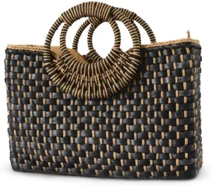 Women Summer Retro Straw Bag with Zip Hand-woven Beach Handbag Top Round Handle Boho Tote Bag Shopping and Travel Large Bag (Black)
