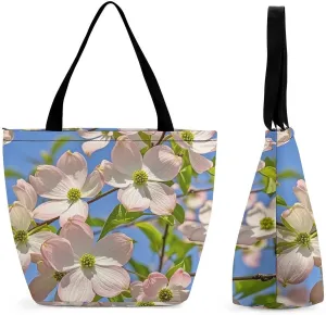 Women Tote Bags with Handles Spring Dogwood Blossoms Shoulder Bag with Zipper Handbags Shopping Bags Travel Bag Beach Bag Reusable Grocery Bag for Swim Holiday Gift