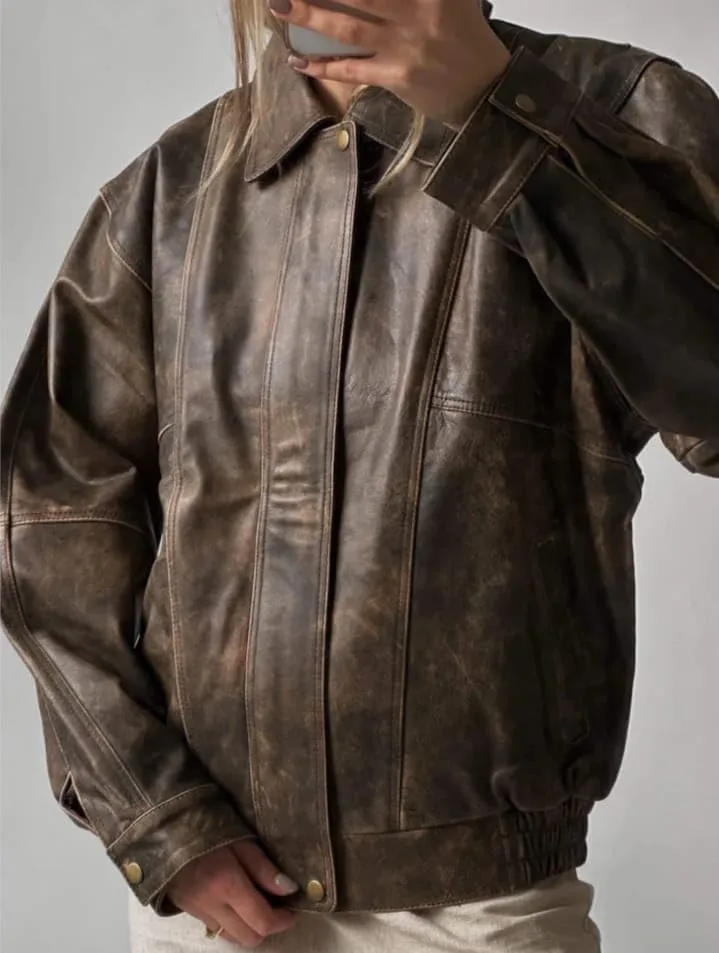 Women’s 90'S Vintage Oversized Classic Style Distrees Brown Genuine Leather Bomber Jacket
