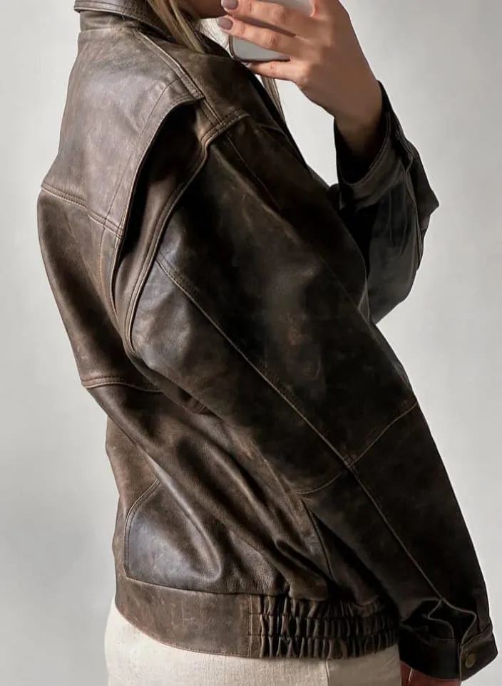 Women’s 90'S Vintage Oversized Classic Style Distrees Brown Genuine Leather Bomber Jacket