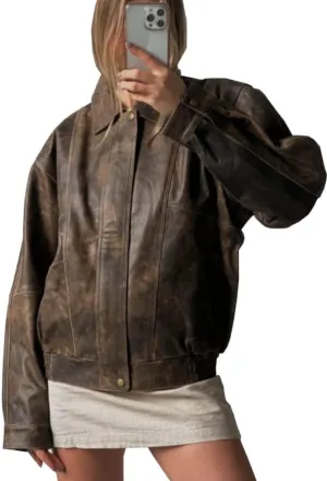 Women’s 90'S Vintage Oversized Classic Style Distrees Brown Genuine Leather Bomber Jacket