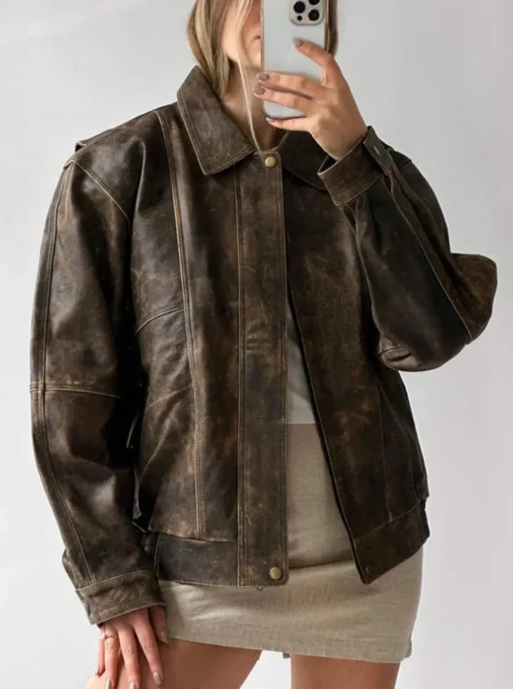 Women’s 90'S Vintage Oversized Classic Style Distrees Brown Genuine Leather Bomber Jacket