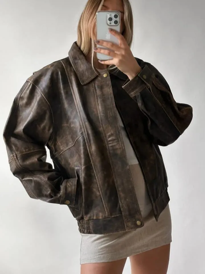 Women’s 90'S Vintage Oversized Classic Style Distrees Brown Genuine Leather Bomber Jacket