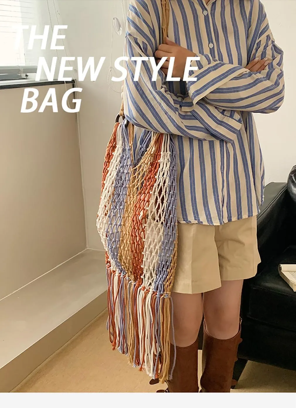Women's Beach Straw Handbag Woven Tote Fishing Net Beach Bag Large Capacity Mesh Rope Combination Handbag