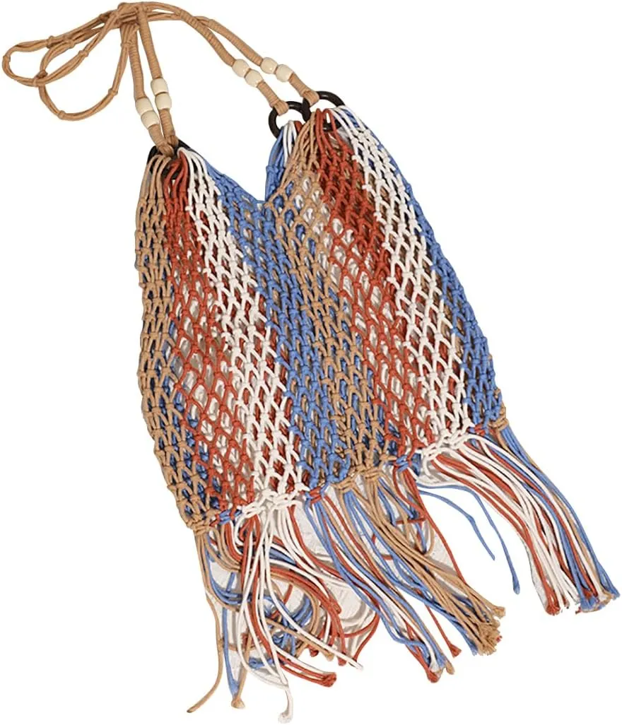 Women's Beach Straw Handbag Woven Tote Fishing Net Beach Bag Large Capacity Mesh Rope Combination Handbag