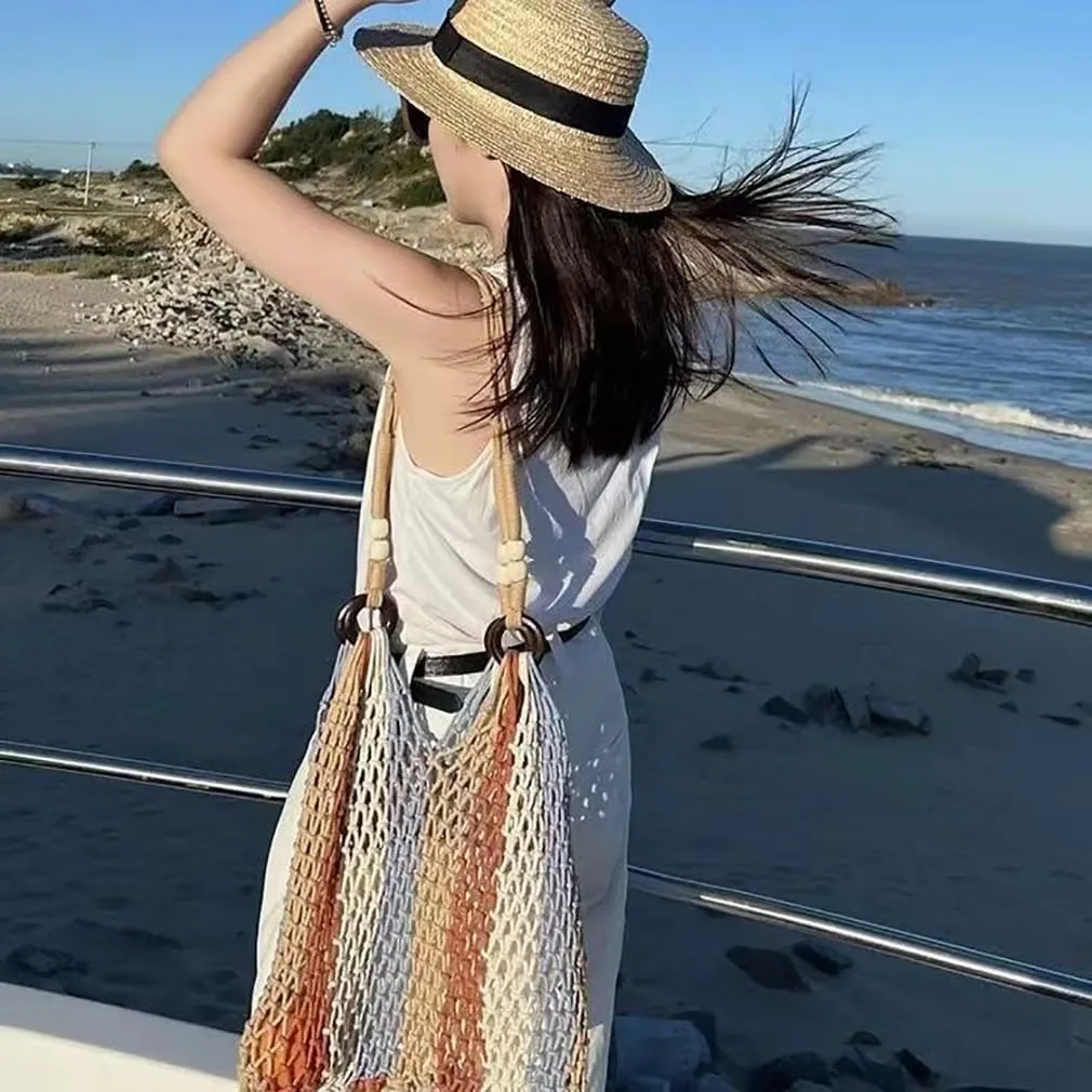 Women's Beach Straw Handbag Woven Tote Fishing Net Beach Bag Large Capacity Mesh Rope Combination Handbag