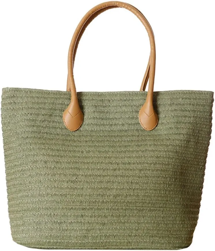 Women's Classic Straw Summer Beach Shoulder Bag Handbag Tote With PU Leather Straps Handmade Purse