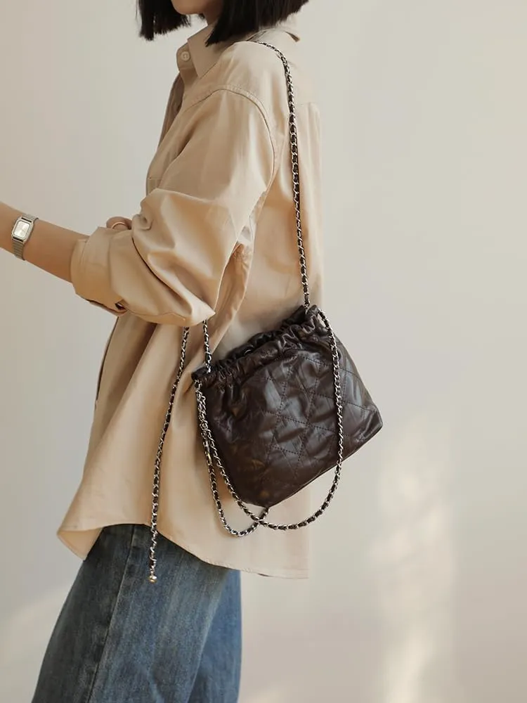 Women's Cowhide Chain Silver Ball Cloud Trash Bag Hangbag Shoulder Crossbody Totes Bucket Bag Versatile Hobo Chis Stylish