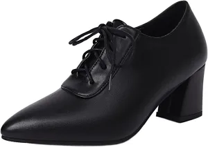 Womens Fashion 6CM Block Heels Pointed Toe Student Single Shoes Concise Oxfords Brogue Shoes A129-1-5 US4-US10
