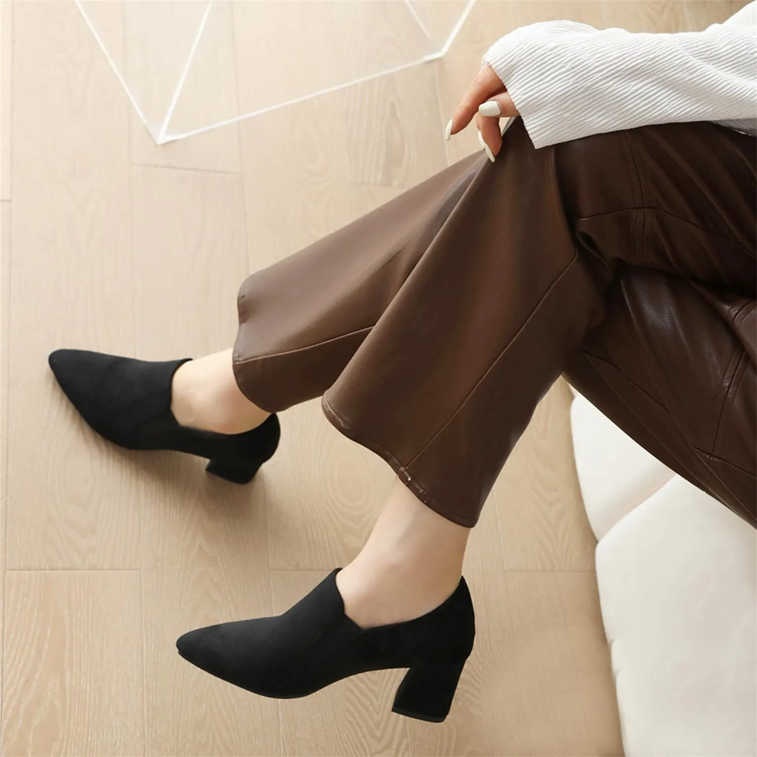 Womens Fashion 6CM Block Heels Pointed Toe Student Single Shoes Concise Oxfords Brogue Shoes A129-1-5 US4-US10