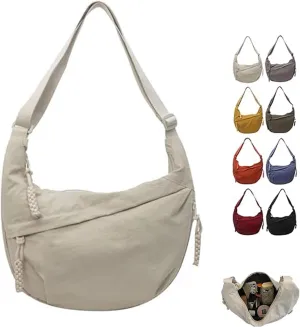 Women's Fashion Plain Color Nylon Crossbody Bag, Slouchy Sling Bag, Nylon Crescent Bag, Multi-Pocket Sling Bag