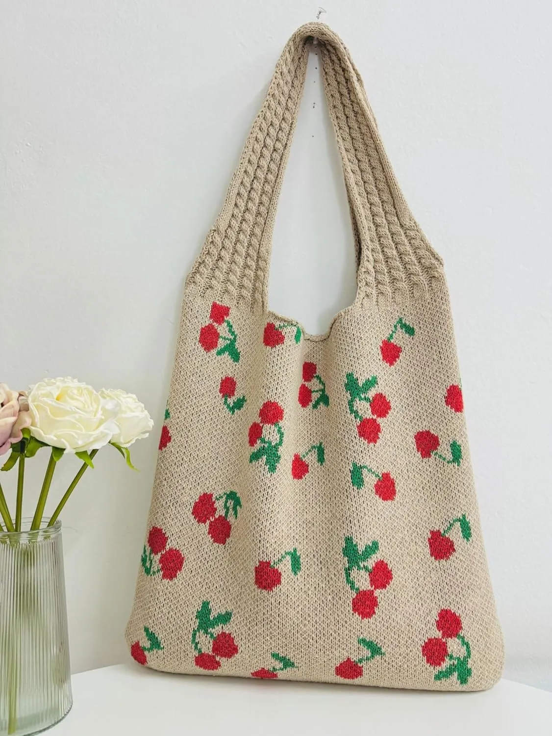 Women's Knitted Tote Bag, Cute Cherry Woven Shoulder Bag, Large Capacity Shopping Bag for Women & Girls