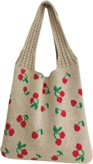 Women's Knitted Tote Bag, Cute Cherry Woven Shoulder Bag, Large Capacity Shopping Bag for Women & Girls