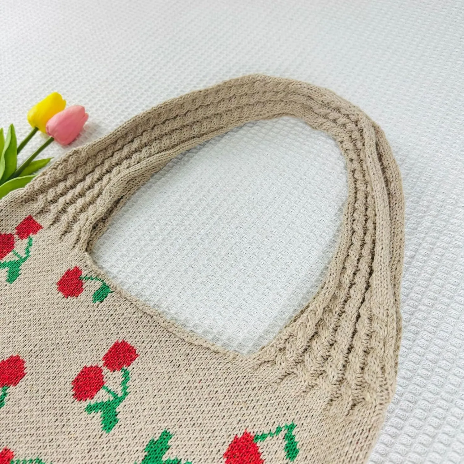 Women's Knitted Tote Bag, Cute Cherry Woven Shoulder Bag, Large Capacity Shopping Bag for Women & Girls