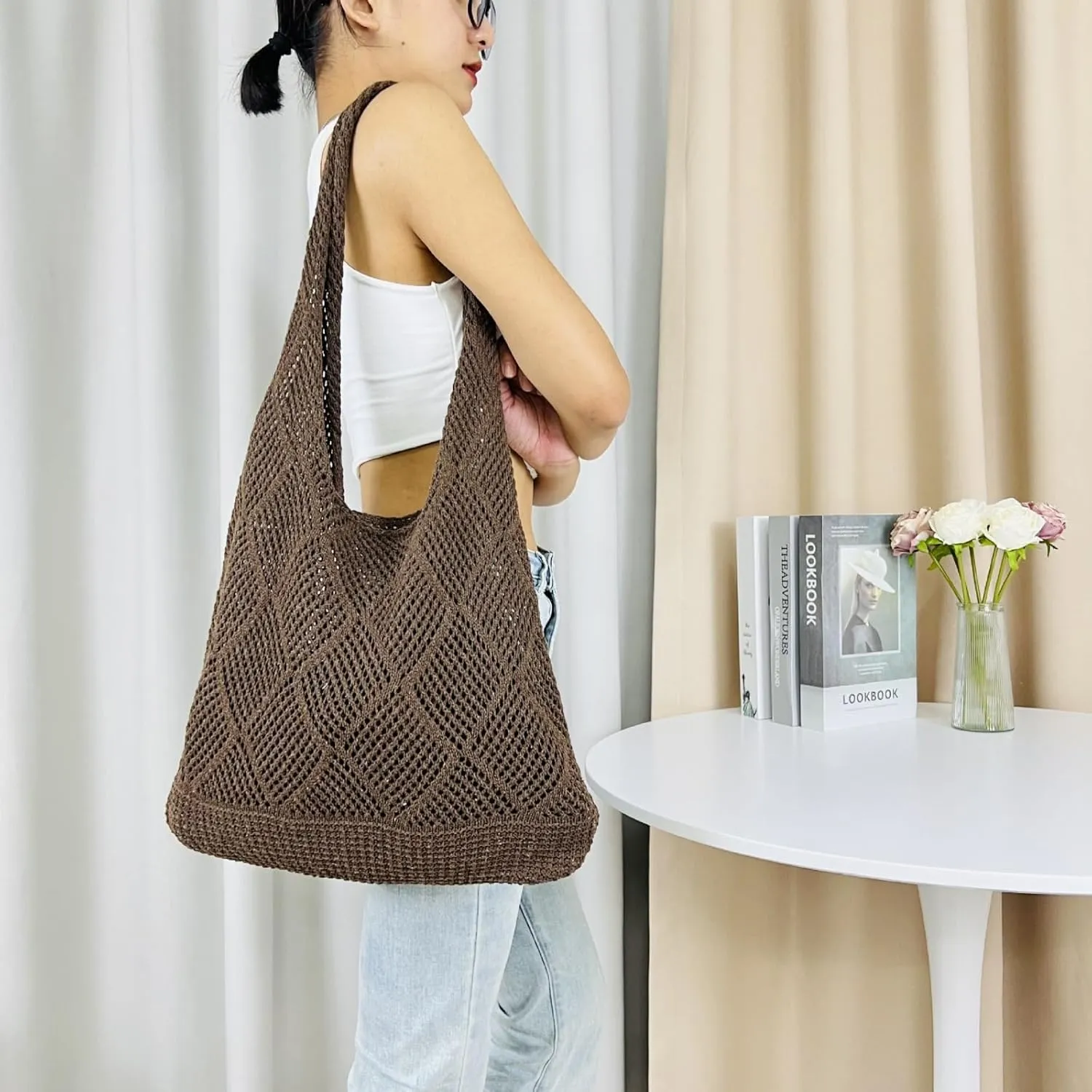 Women's Knitted Tote Bag, Woven Beach Bag, Trendy Shoulder Bag, Fashion Handbag for Travel, Shopping