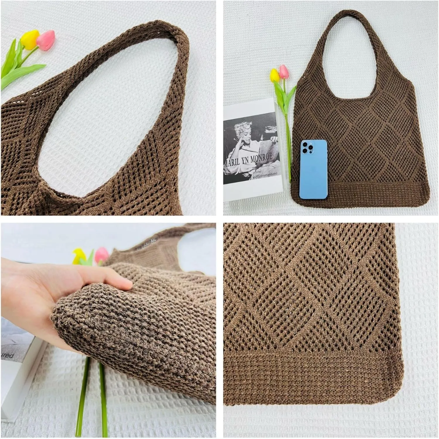 Women's Knitted Tote Bag, Woven Beach Bag, Trendy Shoulder Bag, Fashion Handbag for Travel, Shopping