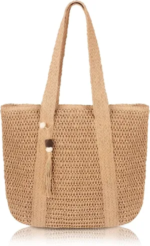 Womens Large Capacity Straw woven Tote Summer Beach Shoulder Bag Handmade Weaving Handbag for Shopping Camping